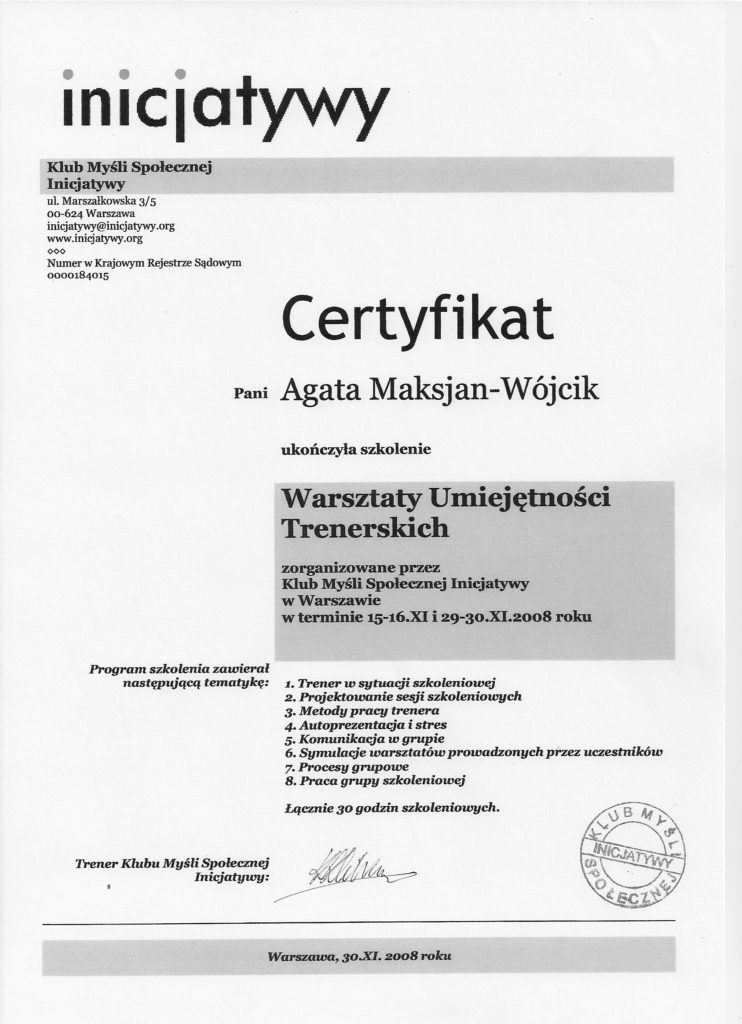 Agata Maksjan-Wójcik - Certyfikat Umiejętności Trenerskich